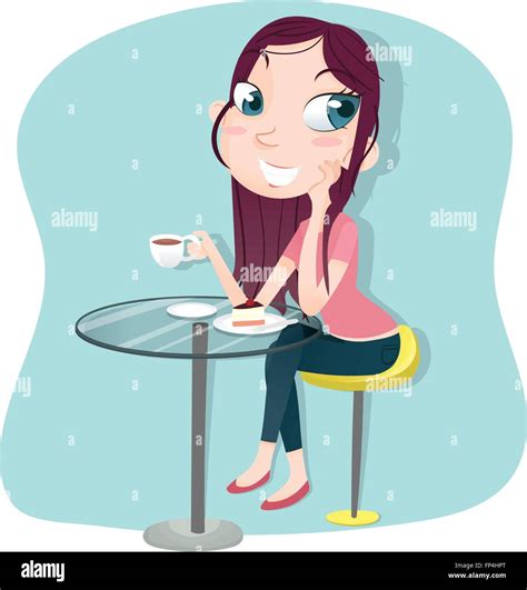 Cartoon Girl Sitting Drinking Coffee With Cake Stock Vector Image And Art
