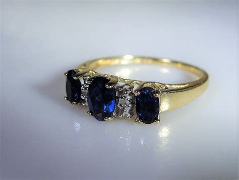 K Retro Blue Sapphire And Diamond Trilogy Band Ring Lab Created