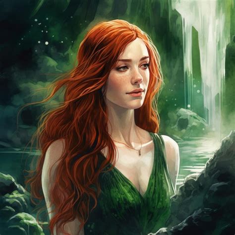premium ai image a woman with red hair and a green dress is standing in front of a waterfall