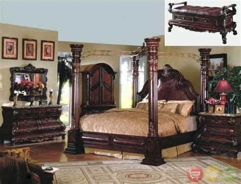 King size canopy bedroom sets 4. King Cherry Poster Luxury Canopy Bed w/ Leather Headboard ...