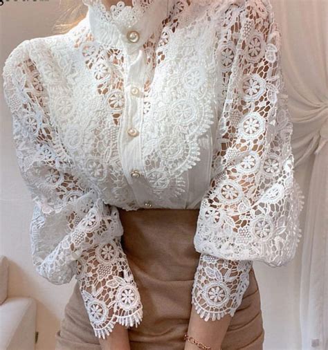Victorian Lace Top High Neck Blouse Lace Shirt Puff Sleeve Top Lace