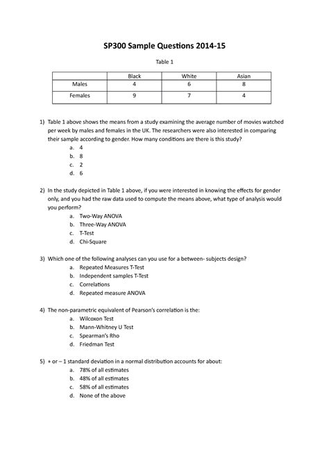Statistics Samplepractice Exam Questions And Answers Sp300 Sample
