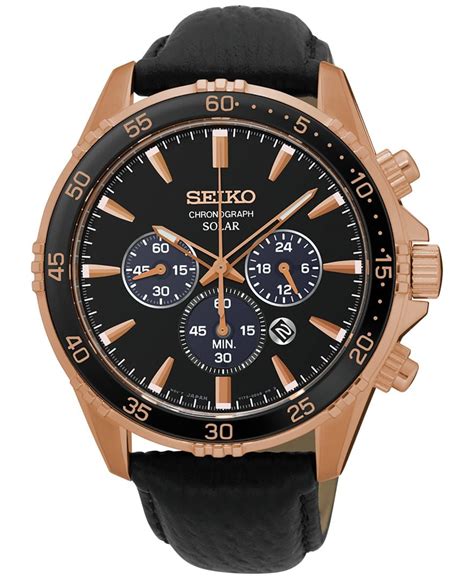 Seiko Mens Solar Chronograph Black Leather Strap Watch 44mm Ssc448 In