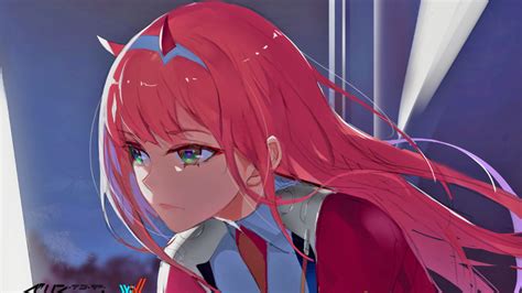 Darling In The Franxx Zero Two Hiro Zero Two With Red Dress And Red Hair With Blue And White