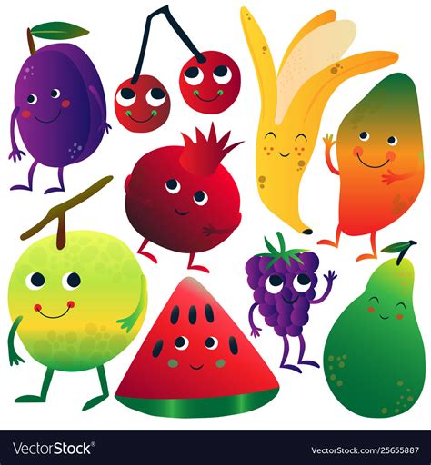 Funny Fruits Cartoon Characters With Funny Faces Vector Image