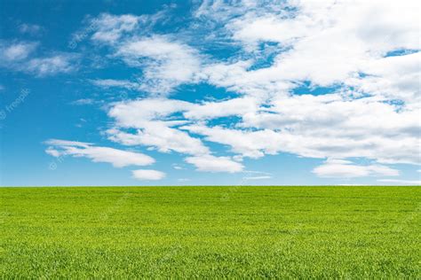 Premium Photo Landscape View Of Green Grass On Field With Blue Sky And Clouds Background