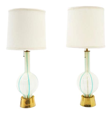 1950s Venetia Light Blue And White Striped Glass Table Lamps By Lightolier A Pair Chairish
