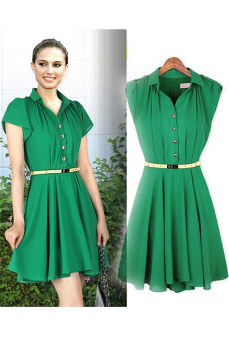 Fashion Turndown Collar Cap Short Sleeve Waist Green Chiffon Mini Dress Dresses Lovelywholesale