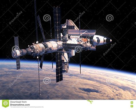 Navetta Spaziale E Stazione Spaziale Che Orbitano Scena Di Earth Illustrazione Di Stock