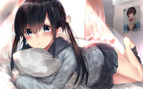 Desktop Wallpaper Lying Down In Bed Original Anime Girl Hd Image
