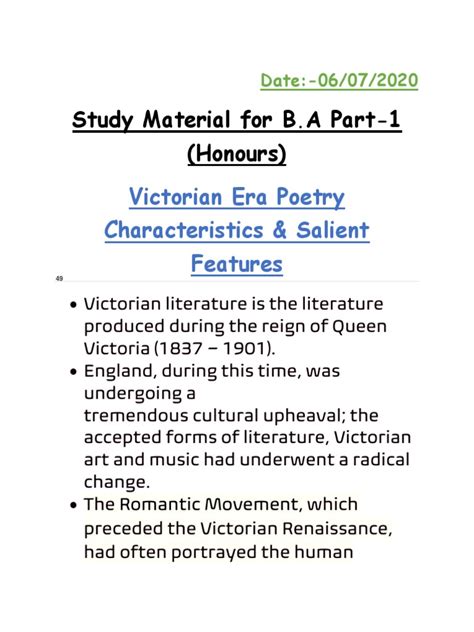 Study Material For Ba Part 1 Honours Victorian Era Poetry