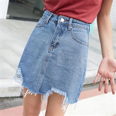 5 colors irregular ripped jeans skirt women high waist slim tassel mini saia jupe femme holes