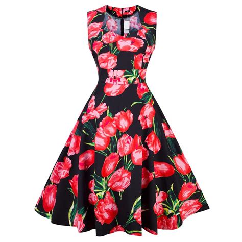 Floral Print Women Summer Dress Hepburn 50s 60s Retro Swing Dress