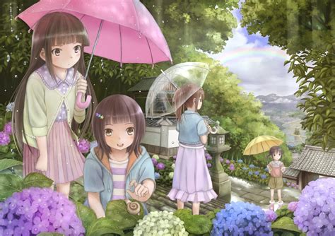 Anime Girls Flower Cute Umbrella Rain Dress Wallpaper