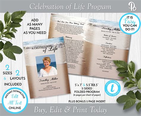 Footprints in the Sand Funeral Program Template, Obituary/order of
