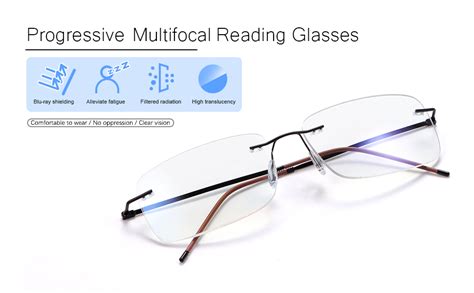 Rimless Progressive Multifocus Reading Glasses Blue Light Blocking No