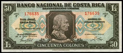 Costa Rica 50 Colones Banknote 1942 Banco Nacional De Costa Ricaworld