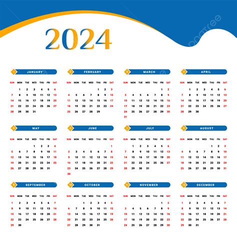 Calendario 2024 Con Diseño único Azul Y Amarillo Vector Png Dibujos