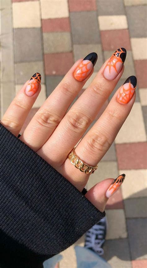 50 Best Halloween Nails 2022 Orange Spider Web Black French Nails 1