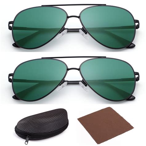 lotfancy 2 aviator sunglasses for adult female women with case flat green lens