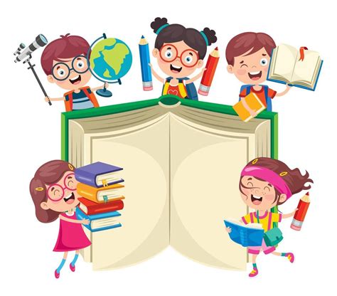 Happy School Kids Around Big Book Crianças Felizes Desenho Animado