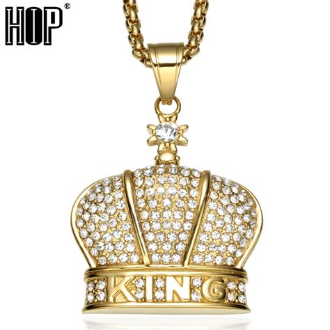 Hip Hop Bling Iced Out King Crown Necklace Full Rhinestone 316l