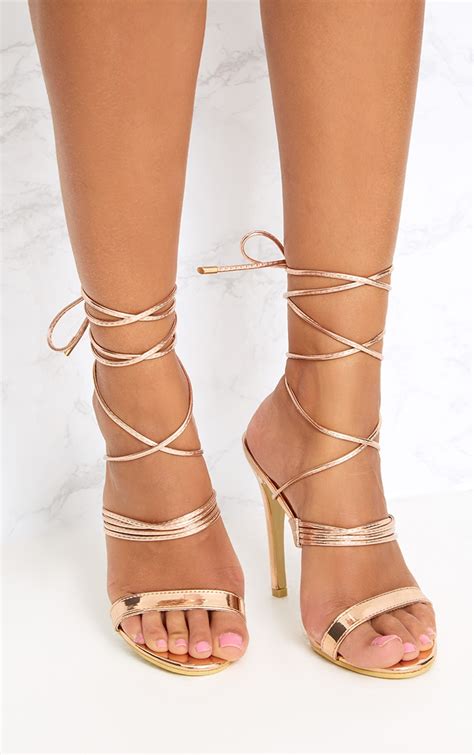 Rose Gold Thin Strappy Lace Up Heels Prettylittlething Ie