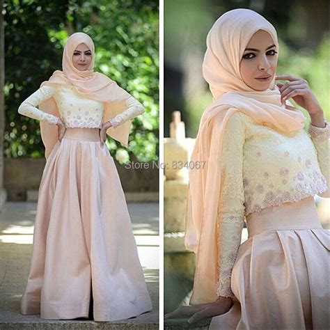 Two Pieces Muslim Prom Dresses 2017 Hijab Long Sleeves Saudi Arabia