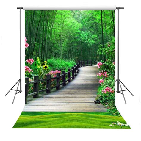 Greendecor Polyster 5x7ft Green Nature Forest Wood Floor Bridge