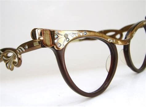 Vintage 50s Bronze Horn Rim Cateye With Rhinestones Eyeglasses Etsy Cat Eye Glasses Vintage