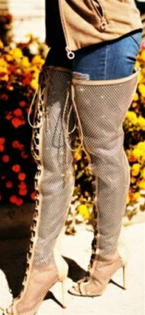 Lace Up Diamond Thigh High Boots Nude Etsy