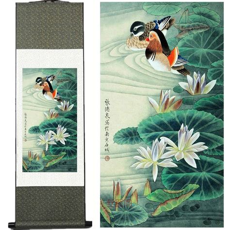 Silk Ink Lotus Mandarin Duck Wall Scroll Framed Picture Feng Shui