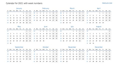 2021 Week Numbers Calendar 2021 Printable Yearly Calendar With Week