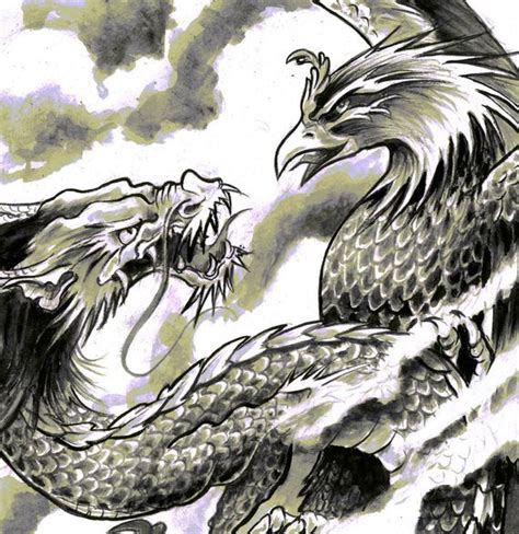 In chinese culture the phoenix is known as fenghuang and was used to represent the empress. A3 Dragon Phoenix Japanese Tattoo Art Print by misslilylocket