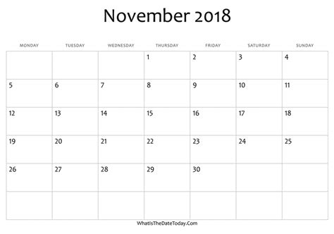 Blank November Calendar 2018 Editable Whatisthedatetodaycom