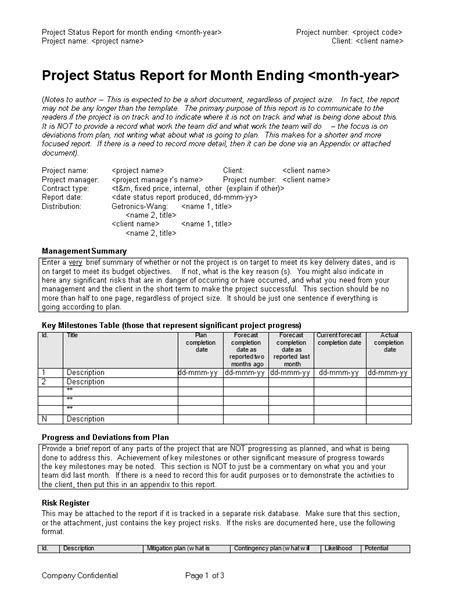Monthly Project Report Template Templates At