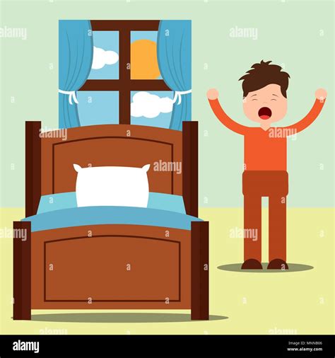 Young Man Happy Waking Up Standing Next Bed With Arms Up Stock Vector