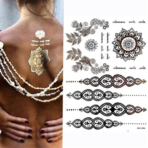 hot flash metallic waterproof temporary tattoo gold silver tatoo women henna flower taty design