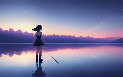 1440x900 Anime Girl In Gradient Evening Ocean 1440x900 Wallpaper Hd