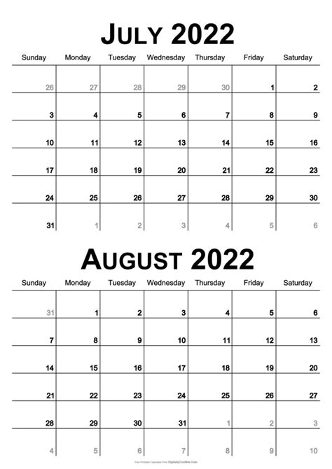 July August 2022 Calendar Two Months