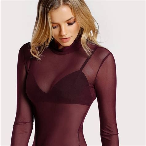 Tops Burgundy Sheer Turtleneck Bodysuit Sexy Mesh Poshmark