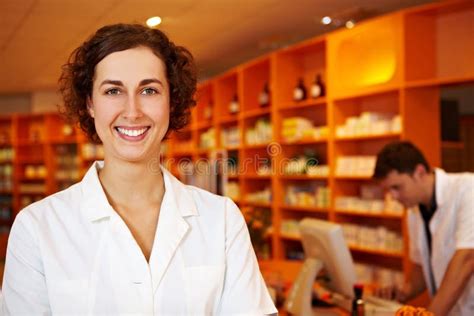 Friendly Pharmacist In Pharmacy Stock Photo Image Of Coat Pharmacy