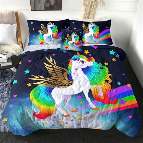 Rainbow Unicorn Bedding Set Black Microfiber 3d Stars E7e