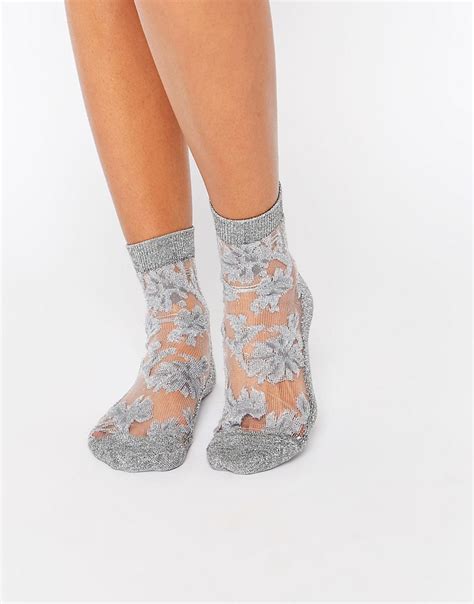Asos Asos Glitter Floral Sheer Ankle Socks At Asos