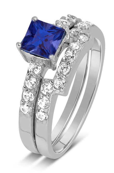 Luxurious 2 Carat Princess Cut Blue Sapphire And White Diamond Wedding