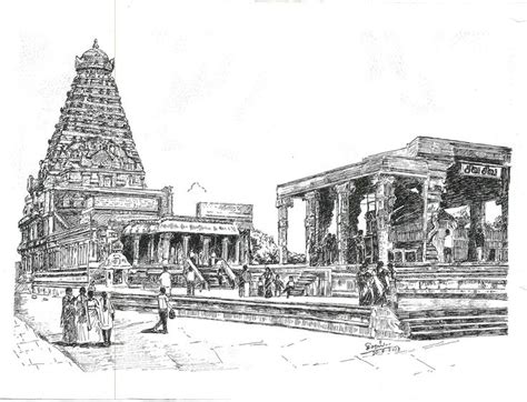 An Ink Drawing Of A Temple In India