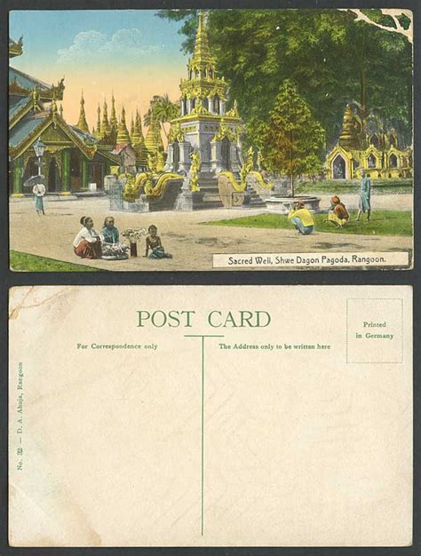 Burma Old Postcard Sacred Well Shwe Dagon Pagoda Rangoon Temple Flower