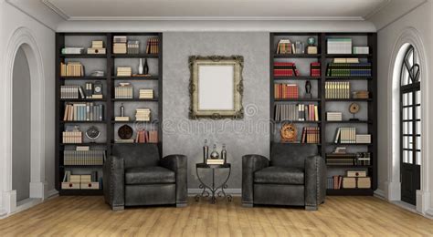 Luxury Living Room Bookcase And Upright Piano Stock Illustration