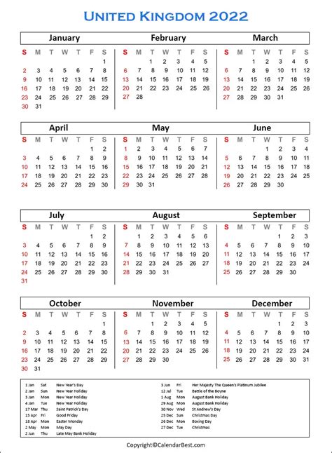Free Printable Uk Calendar 2022 With Holidays