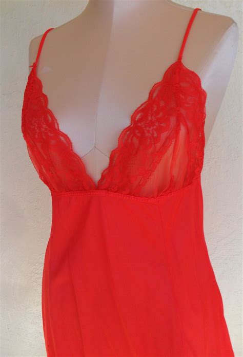 Vintage Red Nightgown Lace Nylon Negligee Pandora By Chic Size